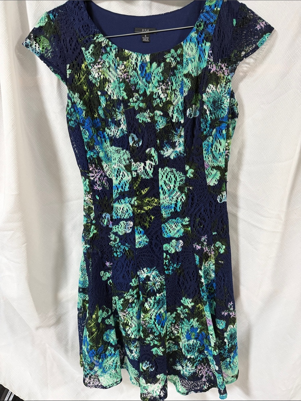 R&K Navy Floral Lace Mini Dress with Teal & Green Accents